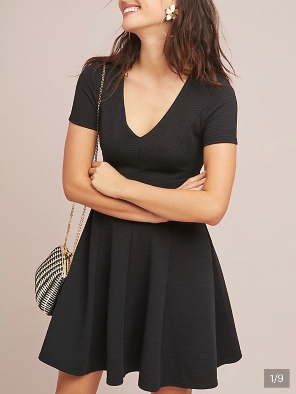 Anthropologie Hutch Black Ribbed V-Neck Fit and Flare Dress Size Medium